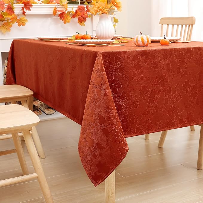 misaya Rectangle Thanksgiving Tablecloth, Waterproof Jacquard Fall Table Cloth, Damask Cloth Table Cover for Harvest Decor (60" x 120", Rust Maple Leaf)