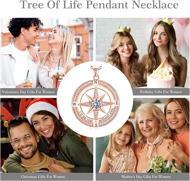 S925 Necklace Birthstone Compass Gift for Women Jewelry Sterling Silver Necklace for Wife Wedding Anniversary Girlfriend Birthday Gifts for Her Valentines Day Mom Mothers Day