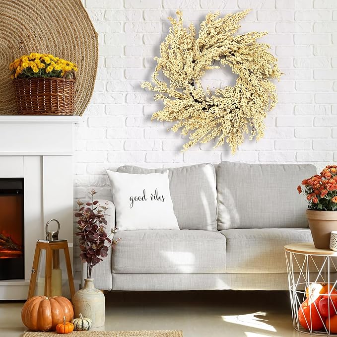 Huashen Fall Wreath, Artificial 24 inch White Berry Wreaths for Front Door Milk White Berry Wreath Christmas Wreaths for Farmhouse Festival Outdoor Party Holiday Home Decor