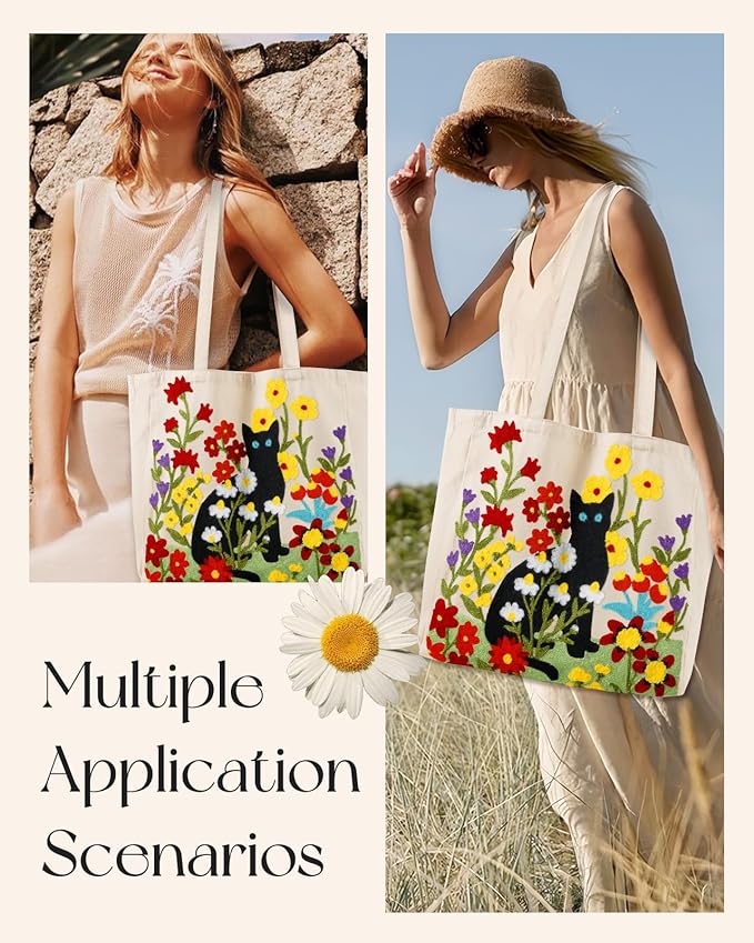 Miss Adola Aesthetic Embroidery Tote Bag for Women - Reusable Canvas Cute Shoulder Bag for Shopping, Grocery, Work, Book