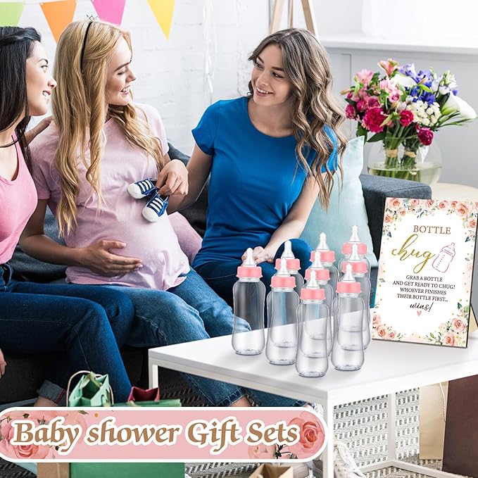 TrelaCo Floral Cool Baby Shower Games Bottle Chug Sign Wooden Floral Gift Sets Gender Reveal Party Favors and 12 Pcs Baby Bottle Shower Supplies for Games Gender Reveal