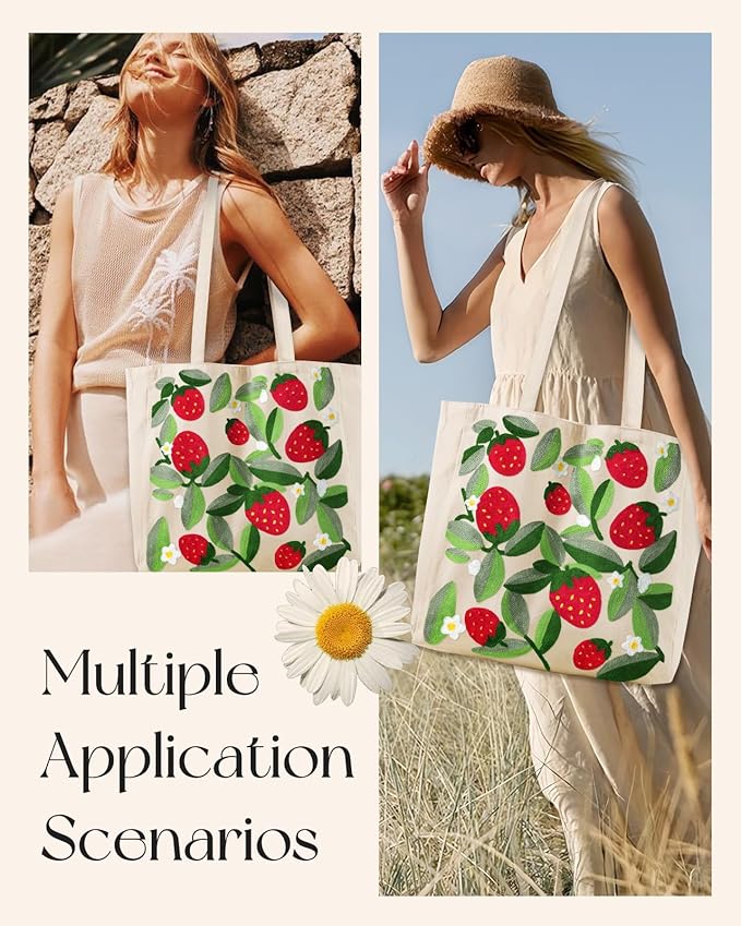 Miss Adola Aesthetic Embroidery Tote Bag for Women - Reusable Canvas Cute Shoulder Bag for Shopping, Grocery, Work, Book