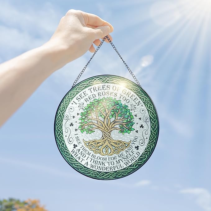 FLAGWIX Tree of Life Gifts for Women Men - Stained Glass Window Hanging 8 in - House Warming Birthday Gifts for Friend Family, Tree of Life Decor Suncatchers for Windows Hanging, Celtic Garden Decor