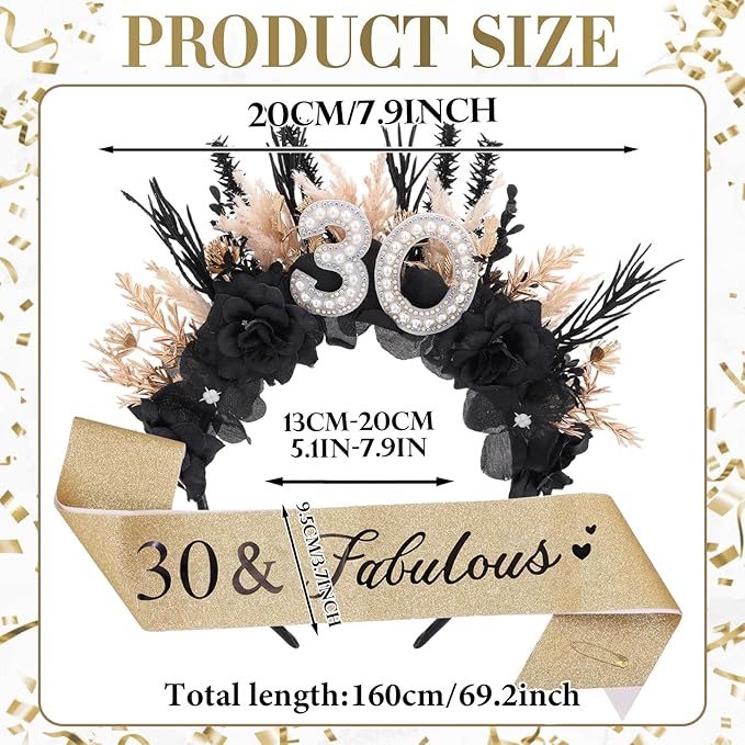 Flower Black Birthday Headband - Dark Happy Birthday Crown and Sash Set for Women Fabulous Party Accessories