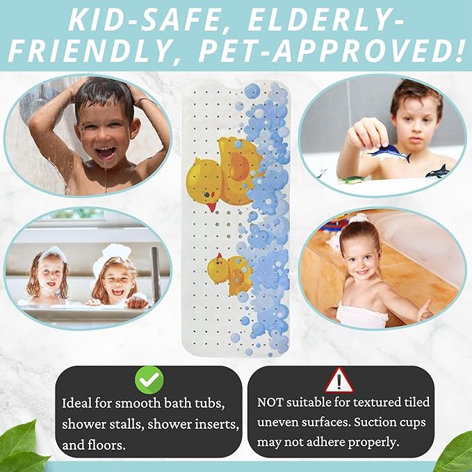 Kids Bath Mat 40x16 – Non-Slip Tub Bathmat Duck Print with Suction Cups & Drain Holes for Safe, Fun Bathtub Bath Time for Toddlers (40x16 Duck)