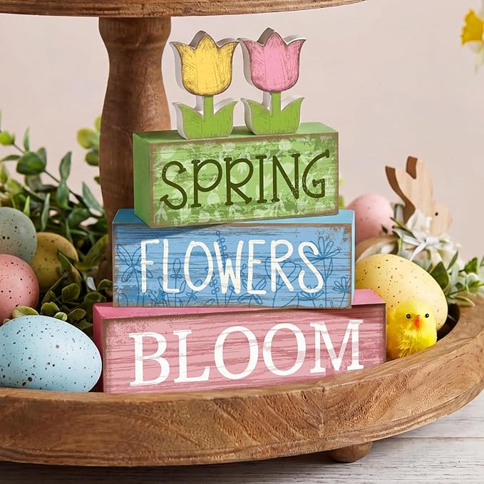 4 Pcs Spring Table Decor Wooden Tulip Spring Tiered Tray Decor Flowers Table Centerpiece Decorative Colorful Tulip Block Signs Gift Farmhouse Flowers Decoration for Home Kitchen Shelf