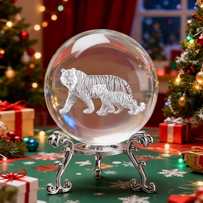 ZEERSHEE 60mm 3D Tigers Crystal Ball with Stand Glass Tiger Decorative Ball Paperweights Decor for Home Office