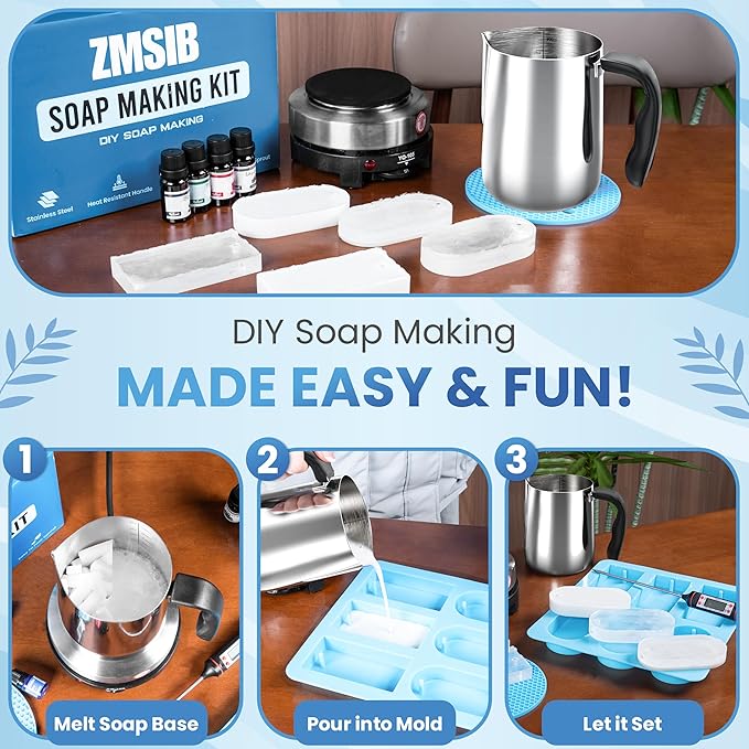 ZMSIB DIY Soap Making Kit for Adults | 900ml Stainless Steel Soap Melting Pot & Soap Melter | Clear & White Melt-and-Pour Bases | 2-in-1 Silicone Mold | Electric Hot Plate – Complete Gift Set