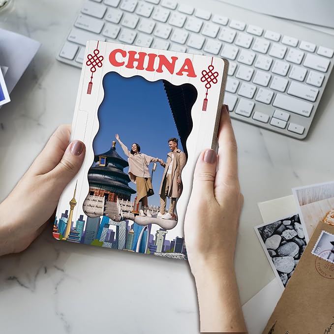 China Souvenir Gifts for Women Men, Travel Photo Frame Gifts for Family Friends, Honeymoon Present of Newlyweds Couples, Wooden Photo Frame with Stand, Home Office Desk Decor-C04