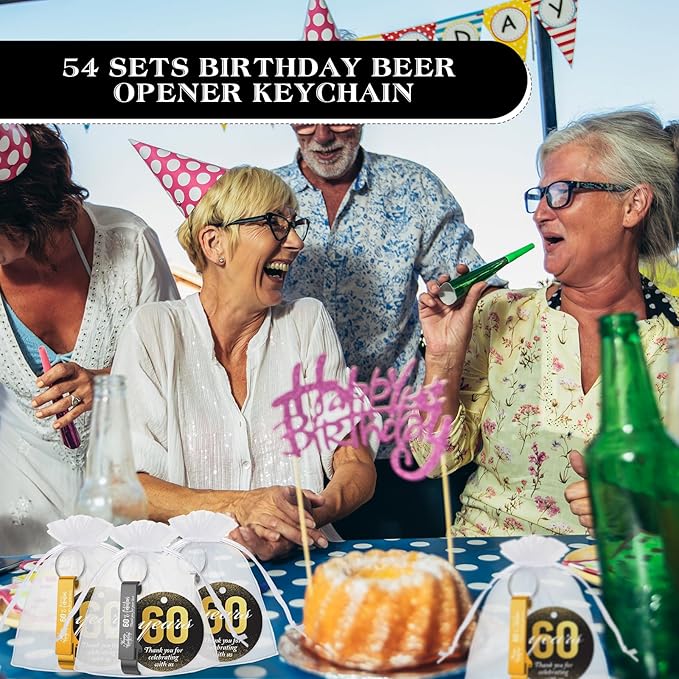 Dandat 54 Sets 60th Birthday Party Favors for Guests Birthday Beer Opener Keychain Cheers to 60 Bottle Opener Keychain with Thank You Cards and Gift Bags for Anniversary Wedding Party Favors