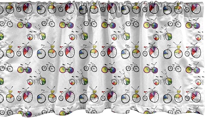 Ambesonne Bicycle Window Valance, Hand Drawn Penny-Farthing Tandem and City Bikes Colored Rims Cartoon Style, Curtain Valance for Kitchen Bedroom Decor with Rod Pocket, 54" X 12", Multicolor, White