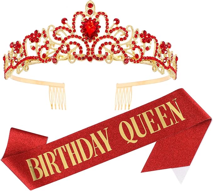 Happy Birthday Queen Tiara Crowns for Women, Red Sash, Party Favors Supplies Gift, 30th Decorations, Stuff Accessories