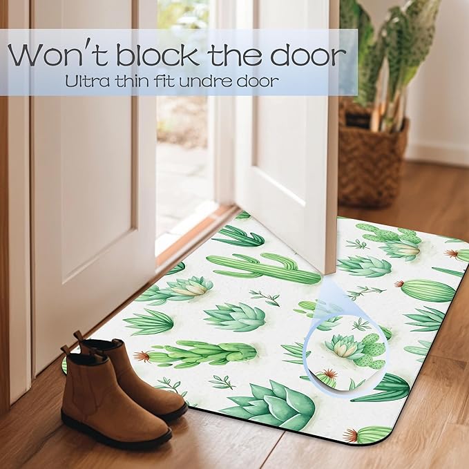Cactus Succulent Bathroom Mat, Non-Slip Rubber Backing Thin Low-Profile Bath Rug, Easy-Clean Bathroom Floor Mat for Shower, Bathtub, Kitchen, or Entryway