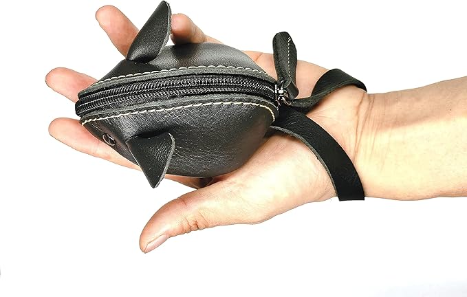 Genuine Leather Mouse Coin Purse Change Pouch Holder Cute Design,Kids Gifts (Black)