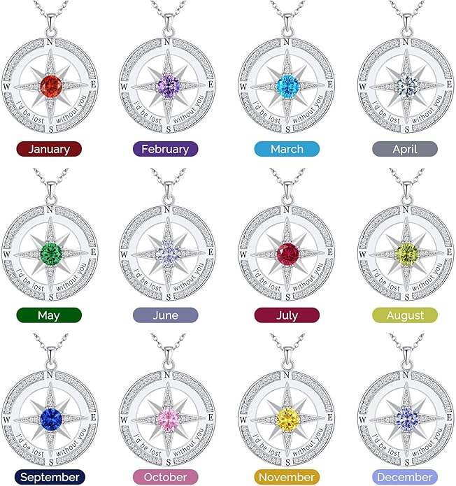 S925 Necklace Birthstone Compass Gift for Women Jewelry Sterling Silver Necklace for Wife Wedding Anniversary Girlfriend Birthday Gifts for Her Valentines Day Mom Mothers Day