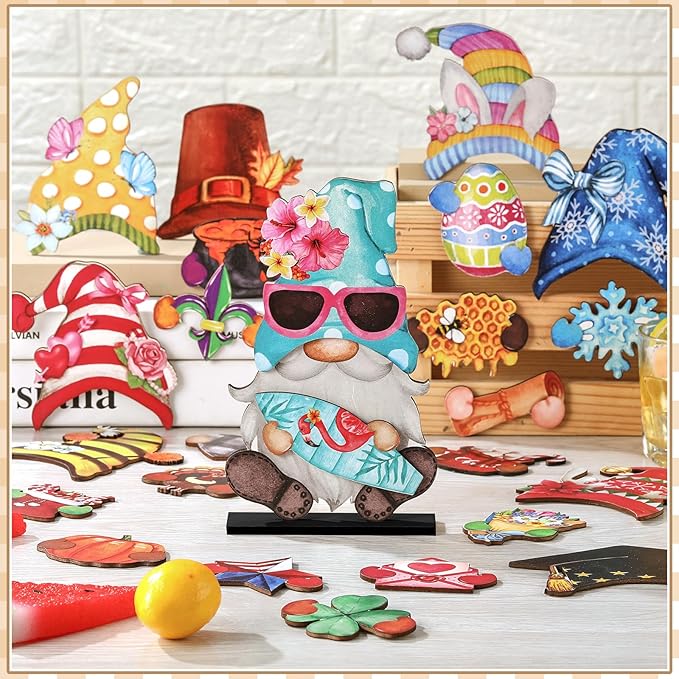 Blulu 34 Pcs Christmas Interchangeable Wooden Gnome Decor DIY Holiday Christmas Seasonal Tiered Tray Decoration Gnomes with Magnet Pieces Welcome Sign for Xmas Holiday Decorations (Retro Watercolor)