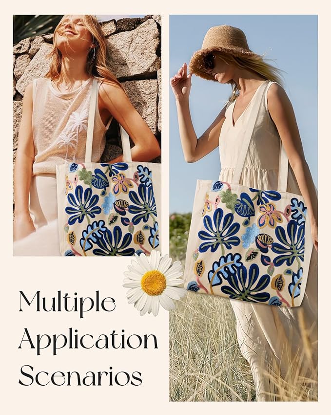 Miss Adola Aesthetic Embroidery Tote Bag for Women - Reusable Canvas Cute Shoulder Bag for Shopping, Grocery, Work, Book