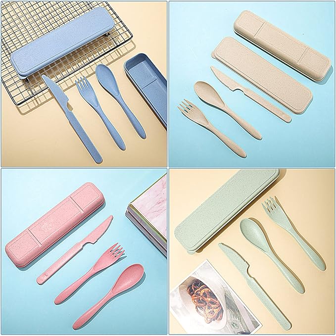 Yahenda 28 Sets Reusable Travel Utensils Set with Case Wheat Straw Cutlery Portable Spoon Knife Forks Plastic Tableware Lunch Box Accessories Bulk for Adult Travel Picnic Camping Utensil(Pastel Color)