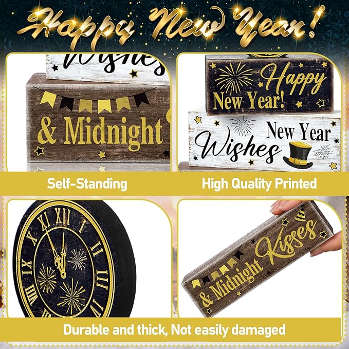 4 Pcs New Year Table Decoration Eve Party Supplies 2026 Gold Black Tiered Tray Decor Happy New Year Centerpiece Rustic Decorative Clock Block Signs Gift for Home Eve Party Decoration