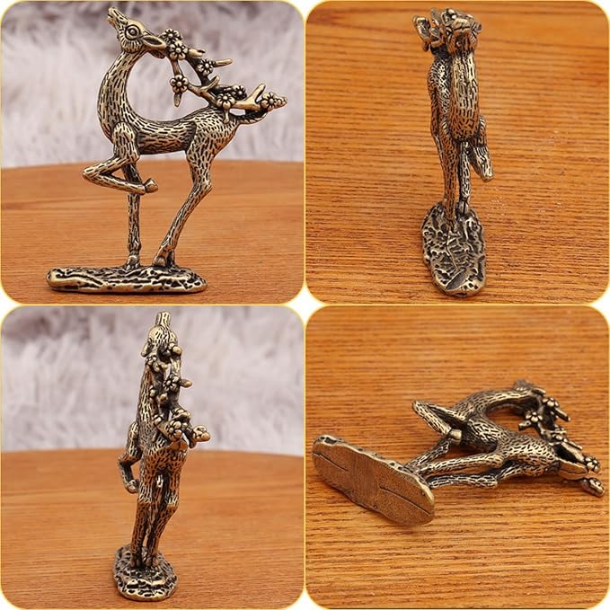 Christmas Brass Deer Figurines,Mini Solid Brass Statue,2Pcs Miniature Deer Statues for Christmas Decor, Home Decorations