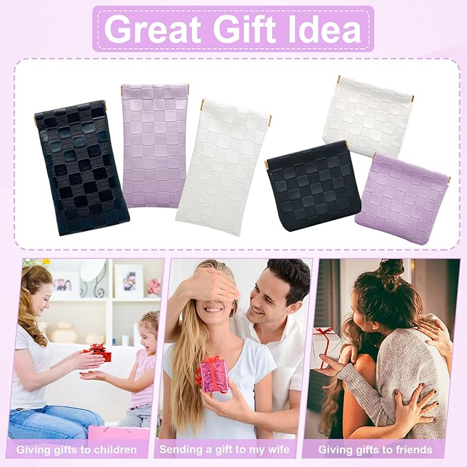 4PCS Small Makeup Bag for Purse, Mini Leather Pocket Cosmetic Bag for Women, Waterproof Portable Makeup Pouch No Zipper Coin Purse Lipstick Bag Accessories, Checkered Travel Storage Bag(White,Purple)