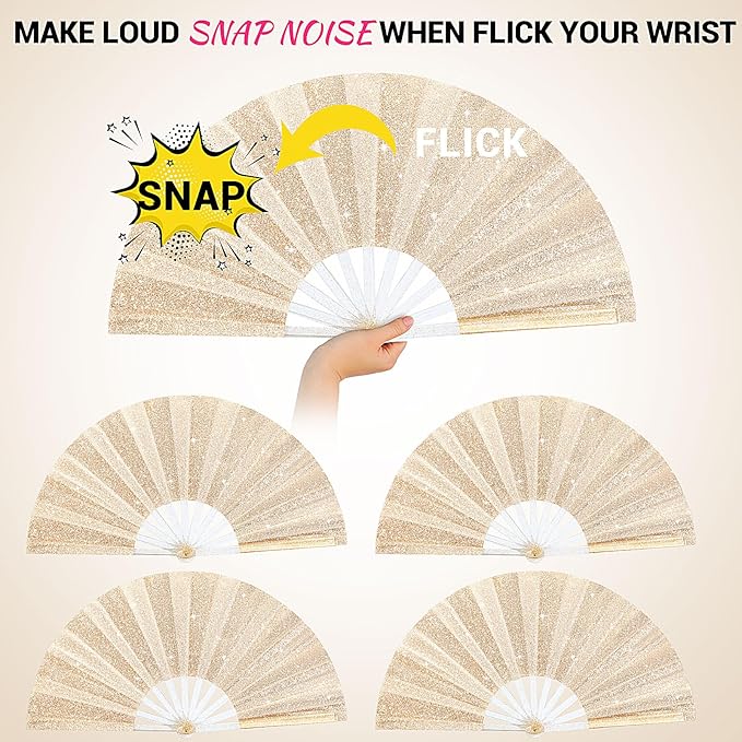 Blulu 4 Pcs 13 Inch Large Folding Hand Fans for Line Dancing Big Clapping Popping Raves Fans Bulk for Dancing Boots on The Ground Festival Party Decoration(Classic Style, Gold)
