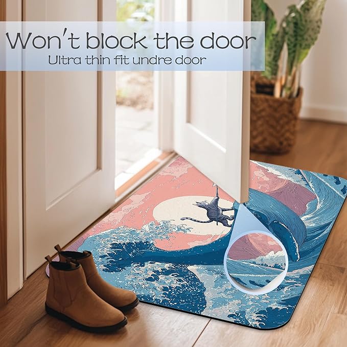 Japanese Cat Bathroom Rug 29.5"x17", Waves Bath Mat with Non-Slip Rubber Backing, Quick-Drying Absorbent Thin Floor Mat for Bathroom, Shower, Sink, or Kitchen