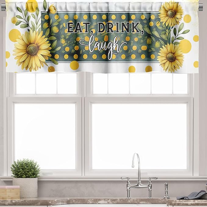 Ambesonne Eat Drink Laugh Valance & Tier Curtain 3 pcs Set, Vintage Summer Themed Print of Tea Pots Mugs and Cups Daisies, Window Treatments for Kitchen Room Decor, 55" x 24", Mustard and Hunter Green