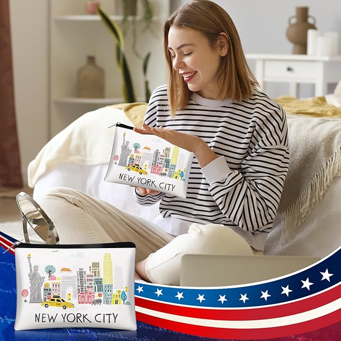 Landical 6 Sets New York Souvenir Gifts Include 6 Pcs New York Cosmetic Bag and 6 Pcs Metal Keychain for Women Traveler Christmas Party Gifts