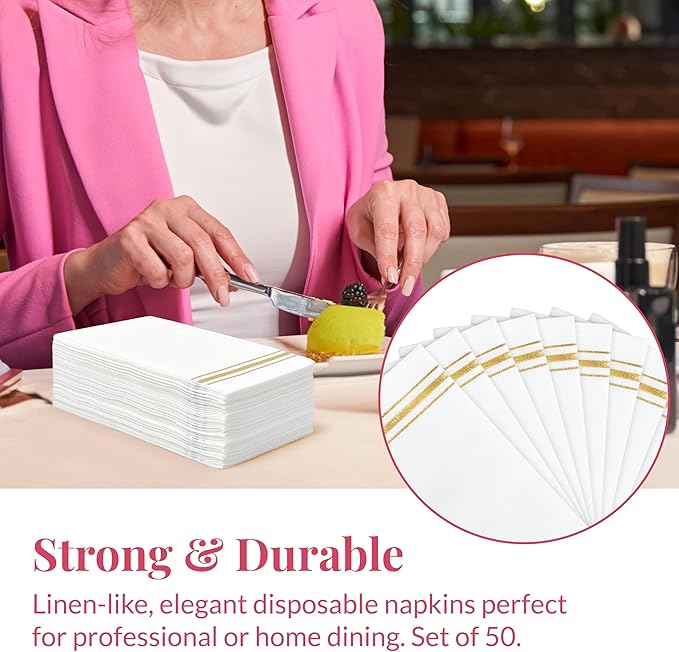 Prestee Disposable Guest Towels for Bathroom - Linen-Like Paper Hand Towels - White with Gold Stripes - 7.8"x4" Folded - 50 Count - Elegant Bathroom Napkins for Events and Parties