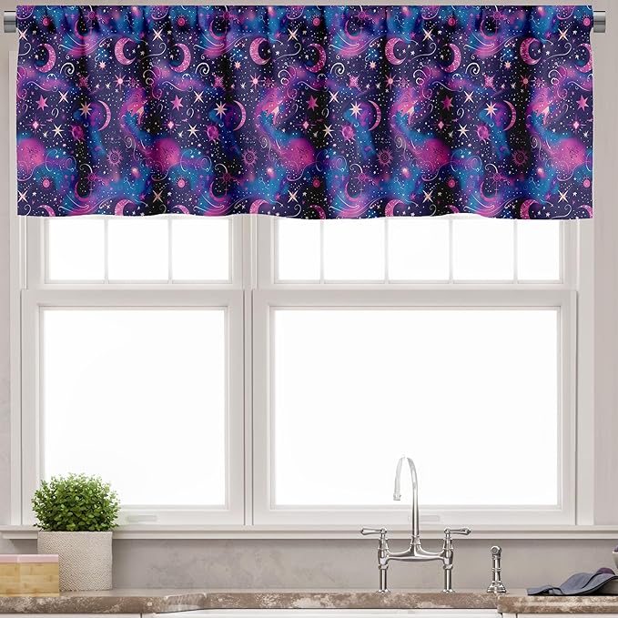 Ambesonne Mystical Valance & Tier Curtain 3 pcs Set, Trippy Magic Whimsical Starry Night with Moon Sun and Planets Print, Window Treatments for Kitchen Room Decor, 55" x 36", Dark Night Blue Fuchsia