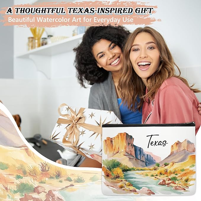 Texas Watercolor Makeup Bag, Waterproof Linen Travel Cosmetic Pouch, Texas-Themed Gifts & Souvenirs for Women, Toiletry Organizer for Travelers, Friends & Coworkers, 9.8×7.1×2 in