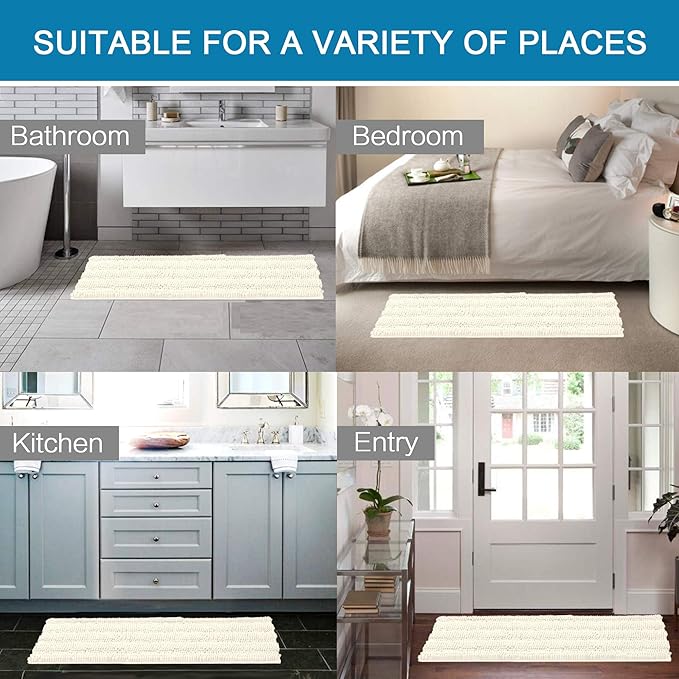 H.VERSAILTEX Bath Rugs for Bathroom Non Slip Bath Mats Extra Thick Chenille Striped Bath Rug Runners 47" x 17" Absorbent Fluffy Soft Shaggy Mats Dry Fast Plush Area Carpet for Bath Room - Cream
