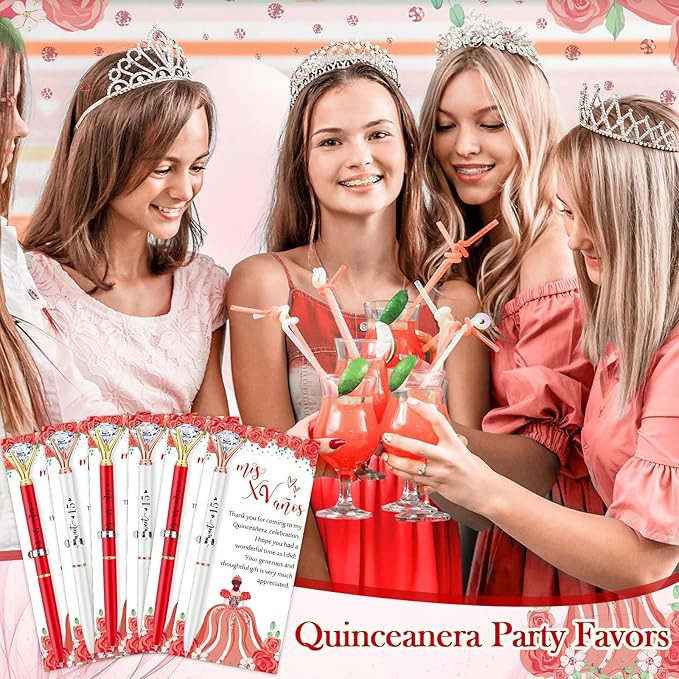 25 Set Quinceanera Party Favors for Guest Sweet 15 Diamond Pens Bulk Mis XV Años Fancy Ballpoint Pen with Thank You Cards and Ties 15th Birthday Thank You Gifts(White, Red)