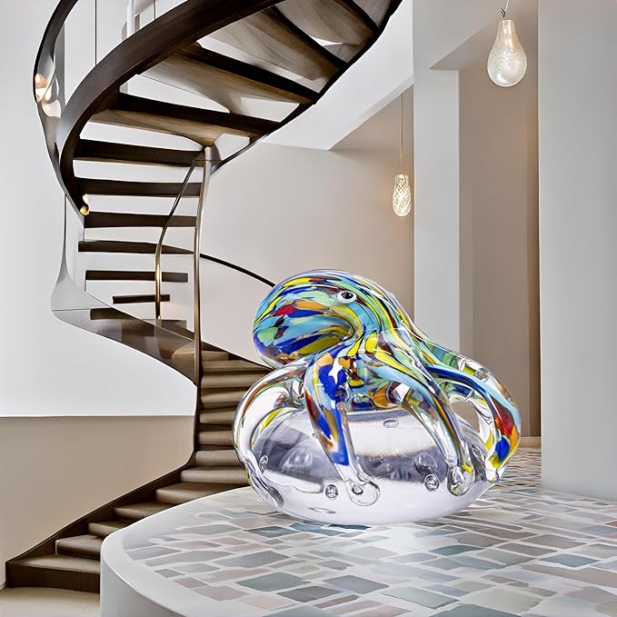 Hand Blown Art Glass Octopus Figurine on Crystal Ball | Handmade Sea Creature Collectible, Ocean Theme Desk Paperweight & Aquarium Decor (Turquoise)