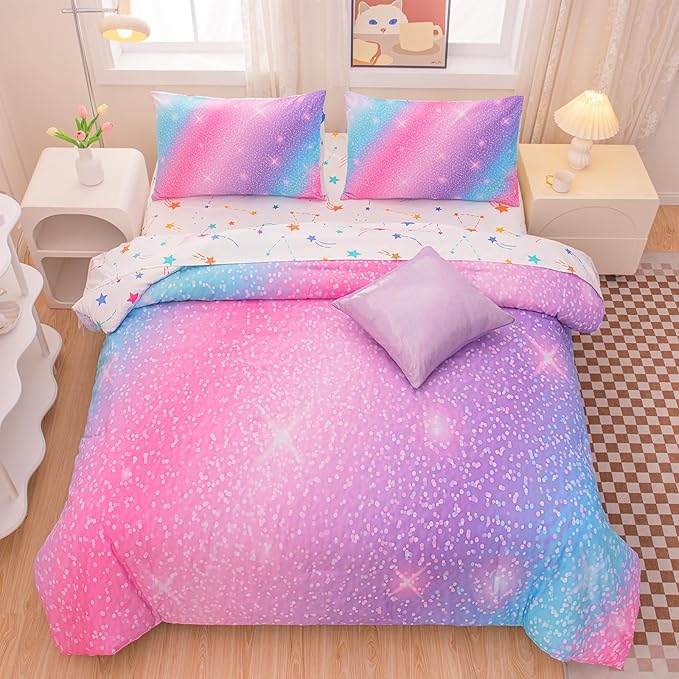 Rainbow Bedding Set Full Size โ 6-Piece Reversible Girls Comforter with Deep-Pocket Sheet, Gradient Galaxy Design, Whole-Piece Filling, Machine Washable Bed-in-a-Bag for Kids Room Makeover & Gifts