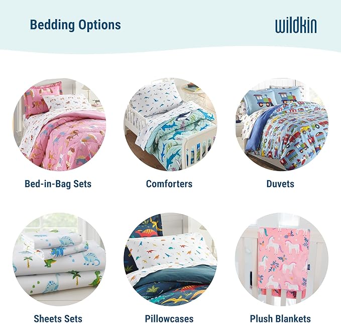 Wildkin 4-Piece Toddler Bed in a Bag – Cotton Comforter, Sheets & Pillowcase for Cozy Cuddles - Trains, Planes, and Trucks