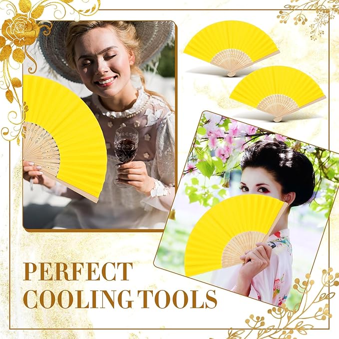 Yinkin 24 Pack Folding Fans Bamboo Handheld Folded Craft Hand Japanese Chinese Fans for Weddings Bridal Dancing Church DIY Decoration Women Gift Party Favors (Lemon Yellow)
