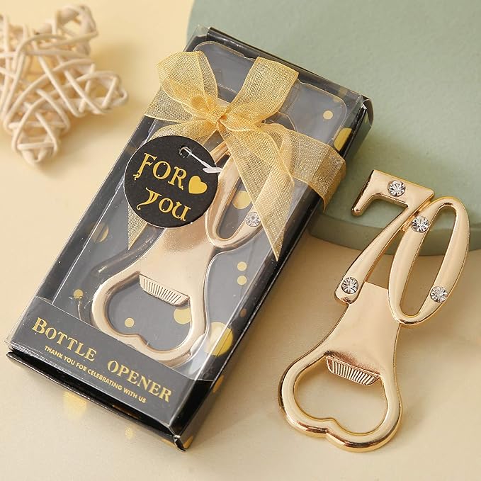 Baseo 24 Pack Gold 70th Bottle Opener Birthday Favors 70th Birthday Party Favors 70th Gold Birthday Party Gifts 70th Birthday Party Souvenirs or Decorations for Guests (Black Gold 70)