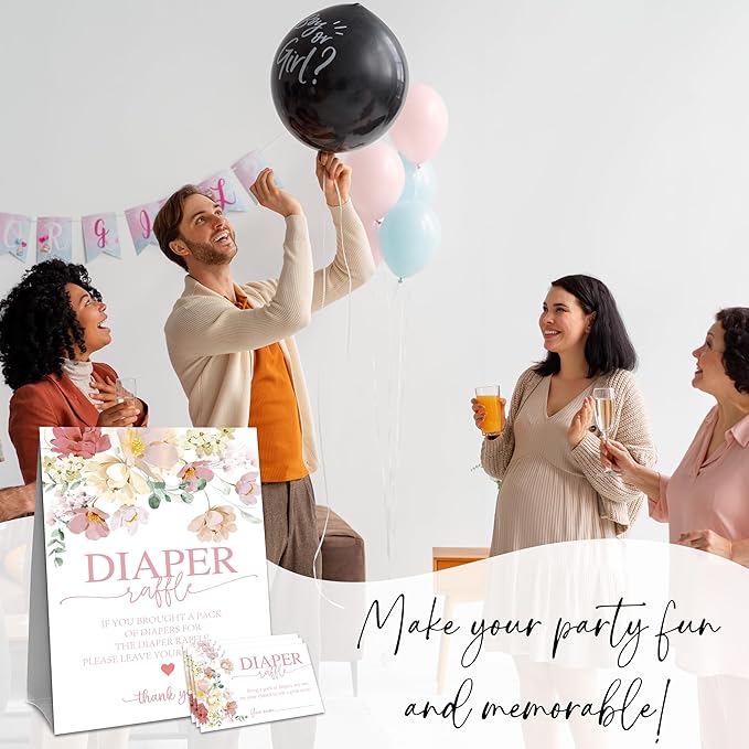 Floral Baby Shower Diaper Raffle Game Set - Watercolor Flowers 1 Standing Sign & 50 Diaper Raffel Tickets - Baby Announcement, Gender Reveal Party Activities & Decorations for Boys, Girls - A02