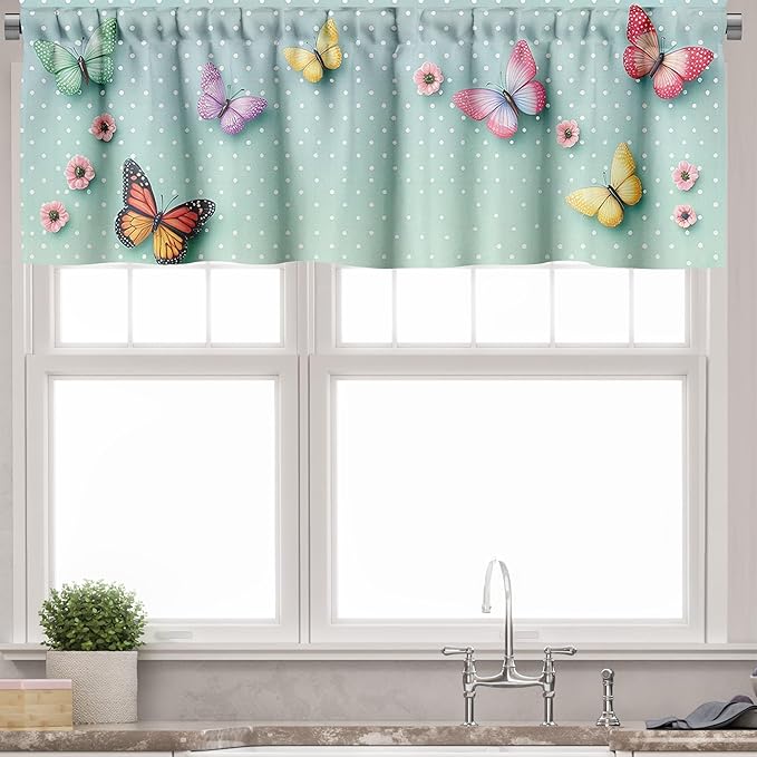 Ambesonne Spring Valance & Tier Curtain 3 pcs Set, Colorful Tulip Garden and Flying Butterflies with Vintage Polka Dots, Window Treatments for Kitchen Room Decor, 55" x 36", Mint Green and Multicolor