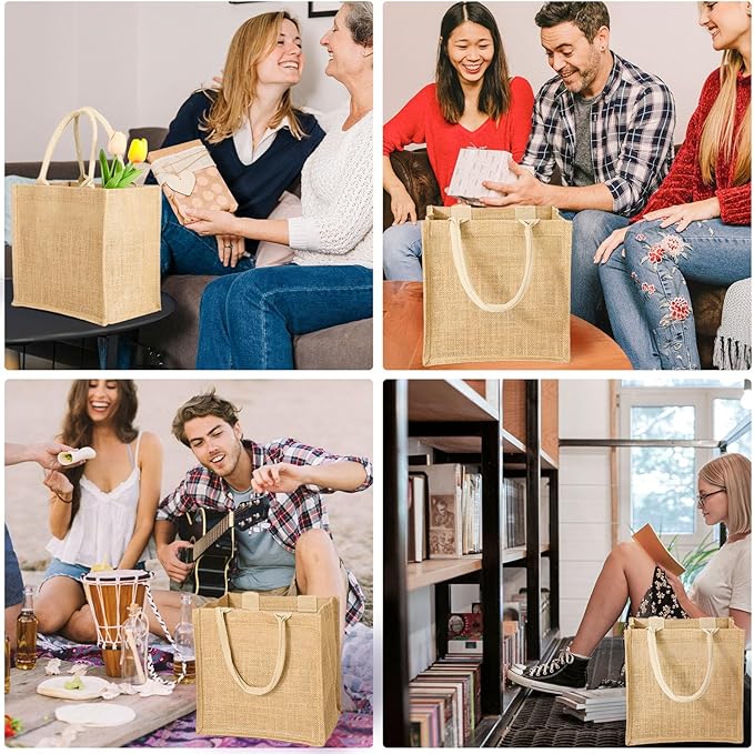 Segarty Burlap Tote Bags, 6 Pack Small White Reusable Jute Canvas Gift Favors Bag with Handles Blank Tote Bulk for Bridesmaid Wedding, Bachelorette Party, Beach Trip, Women Market Grocery Shopping