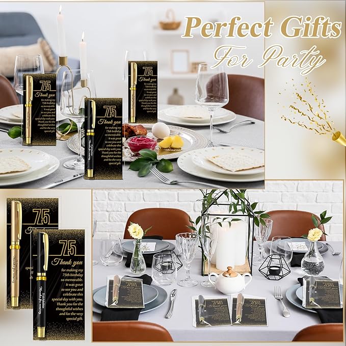 50 Set 75th Birthday Party Favor for Guest Anniversary Party Favor with Black and Gold Ballpoint Pens and Thank You Cards for Women Men Birthday Anniversary Appreciation Gifts
