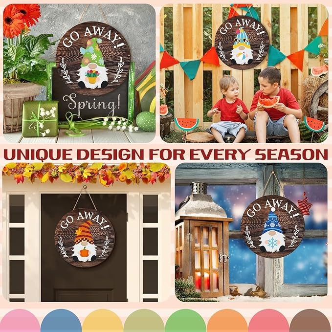 Easter Seasonal Gnome Wall Decor Set, 11.8 inch Wooden Round Sign with Interchangeable Holiday Hats, Go Away Door Hanging (Attractive)
