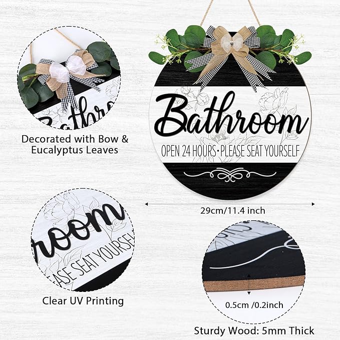 CHDITB Bathroom Wall Decor, Funny Bathroom Wooden Wreath Sign, Rustic Round Humorous Wood Hanging Plaque, Open 24 Hours Please Seat Yourself Door Signs, Modern Farmhouse Hanger for Restroom Toilet