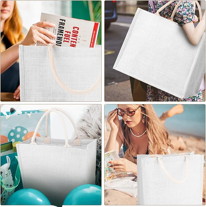 Segarty Tote Bags, 6 Pack Medium White Burlap Jute Reusable Gift Favors Bag Blank Tote with Handles Bulk for Bridesmaid Wedding, Women Market Grocery Shopping, Bachelorette Party, Beach Trip, DIY