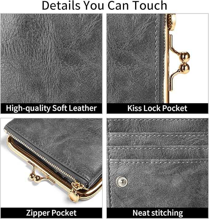 Wallet Women Small RFID Blocking Bifold Leather Wallets for Women Vintage Coin Purse With Zipper and Kiss Lock