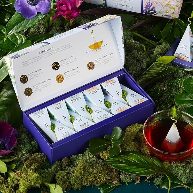 Tea Forte Premium Petite Presentation Box Gift Set Sampler, 10 Count, 2 of Each Blend Individually Wrapped Handcrafted Pyramid Infuser Bags, Demoiselle Tea