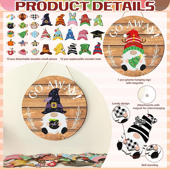 Seasonal Gnome Wall Decor Set, 11.8 inch Wooden Round Sign with Interchangeable Holiday Hats, Welcome Door Hanging (Delicate)