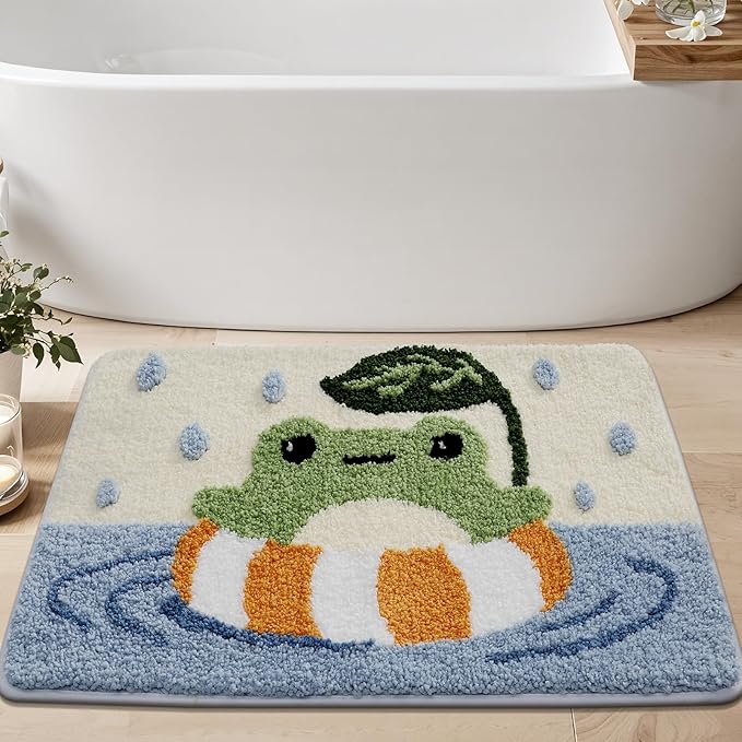 Ankah Bath Mat Cute Shower Rug, Luxury Shaggy High Absorbent and Anti Slip, Machine Washable Fit for Bathtub, Shower and Bath Room, (17.71"x 25.59", Pool Frog)